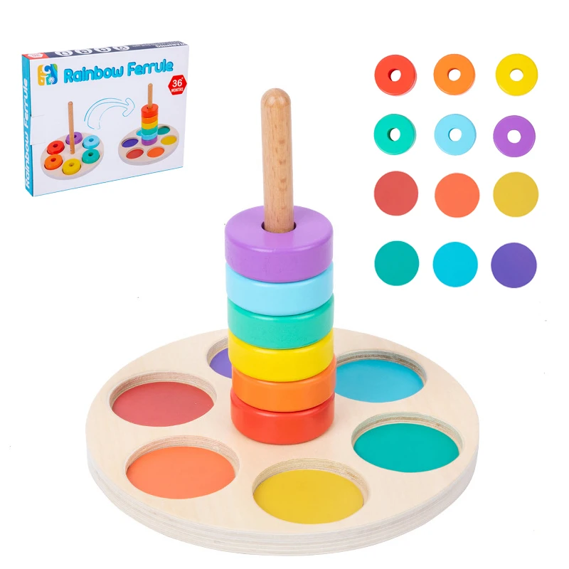 Children Montessori Rainbow Blocks Wooden Toy Fine Motor Training Color Shape Matching Stacking Game