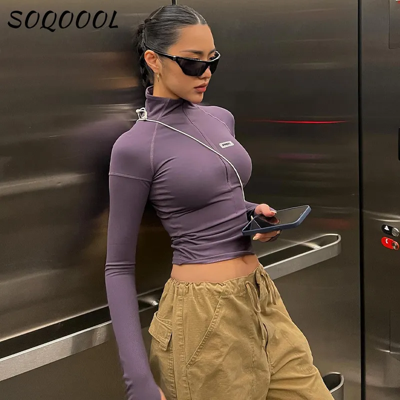 Y2K Zip T Shirt Women Long Sleeve Crop Tops Pullover Stand Collar Slim Skinny Trashy Grunge Y2k Base