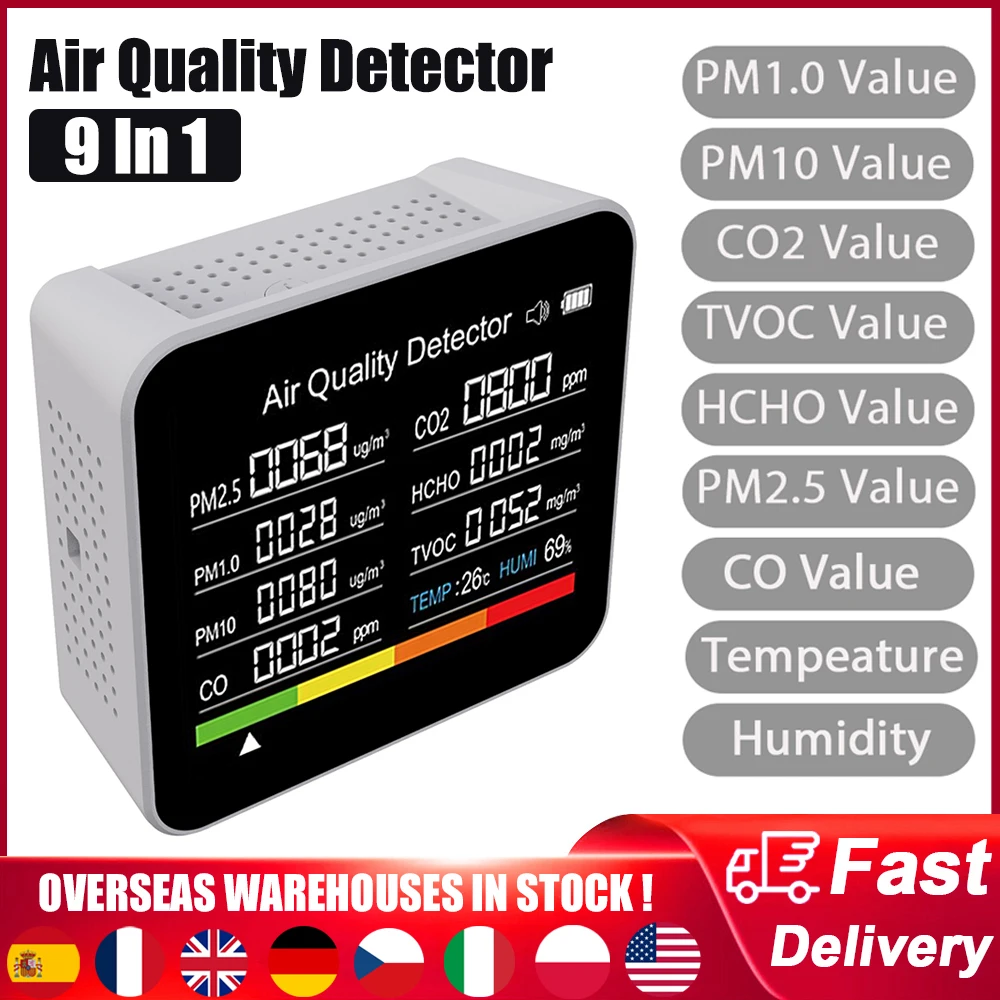 9 In 1 Air Quality Monitor CO2 Meter CO TVOC HCHO PM2.5 PM1.0 PM10 Temperature And Humidity