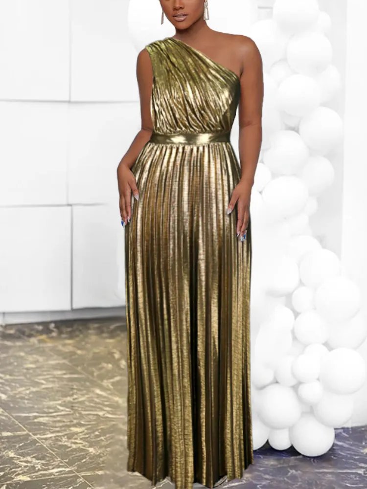 Elegant Women Even Dresses Luxury Maxi Long Metallic Pleated Dress One Shoulder Sleeveless Premium