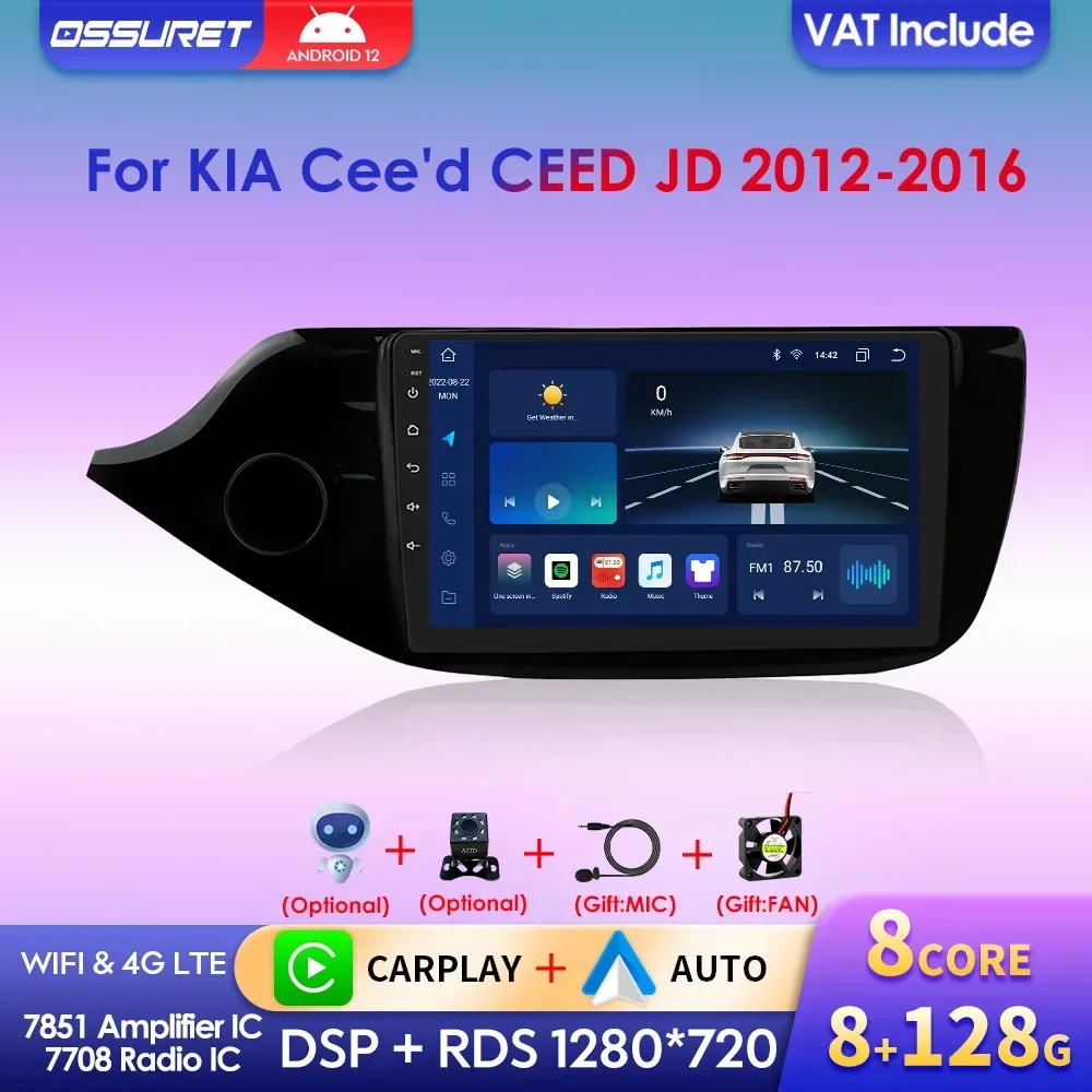 9 "Radio Android 12 Carplay Bildschirm für KIA Cee'd CEED JD 2 Din Auto Multimedia Player GPS