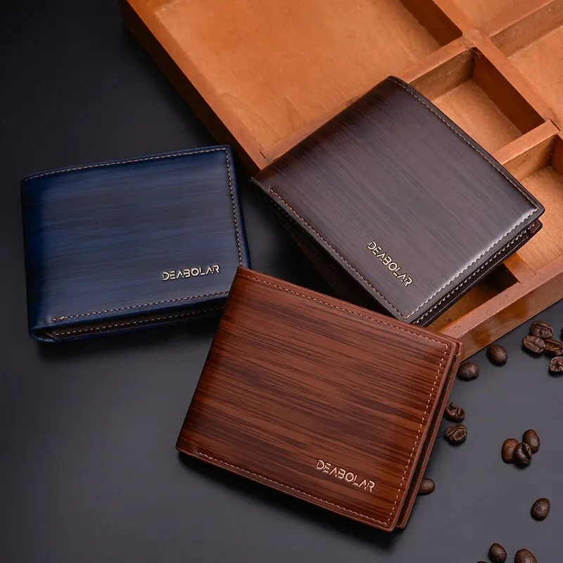 Men Short Style Wallet Glossy Wood Grain Fashion Multi Card Wallet Card Holder Business Folding