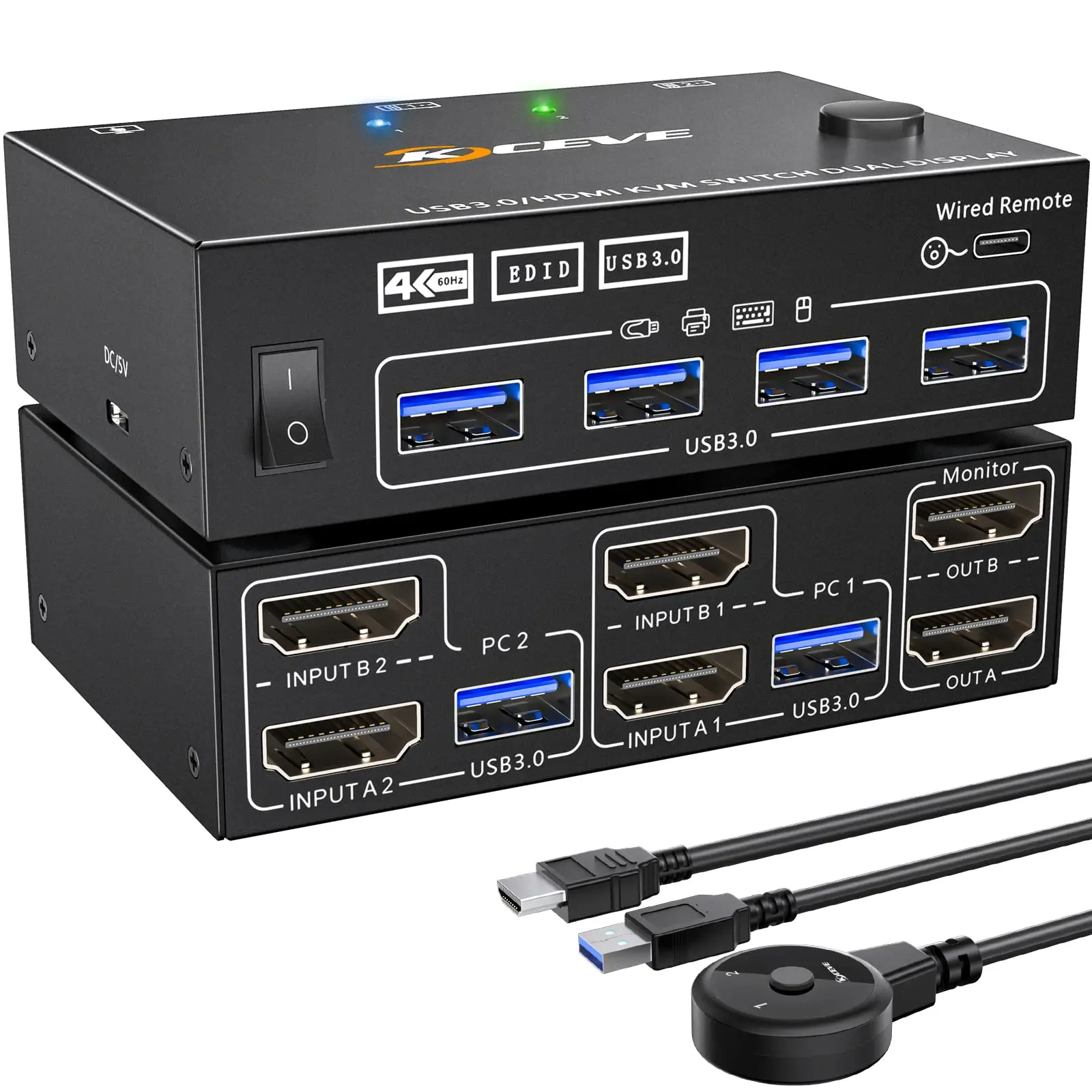 Dual Display USB 3.0 Dual Monitor KVM Switch Simulação Edid, HDMI Extended Display Switcher para 2