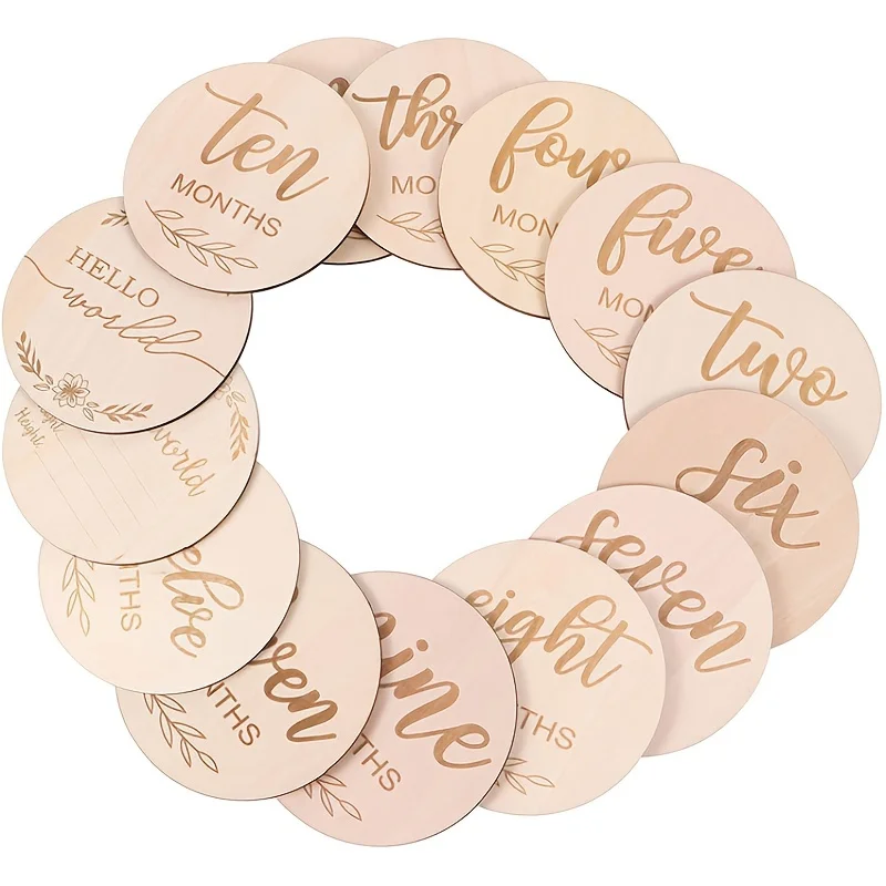 Wooden Baby Monthly Milestone Photo Cards, Double Sided Photo Prop Milestone Discs, Baby And