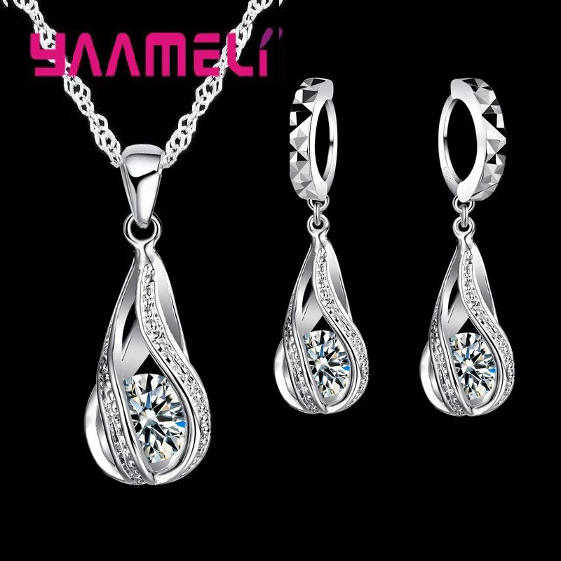Hot Water Drop CZ 925 Sterling Silver Plated Jewelry Set For Women Pendant Necklace Hoop Earrings