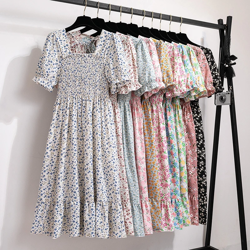 Summer Pleated Women Chiffon Dresses Casual Beach Holiday Short Sleeve Square Collar Woman Midi