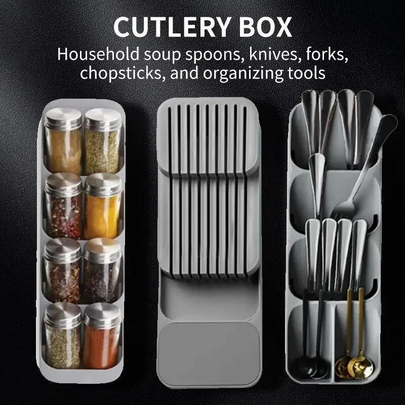 Kitchen Drawer Cutlery Storage Tray Knife Holder Spoon Forks Tableware Organizer Container For Spice