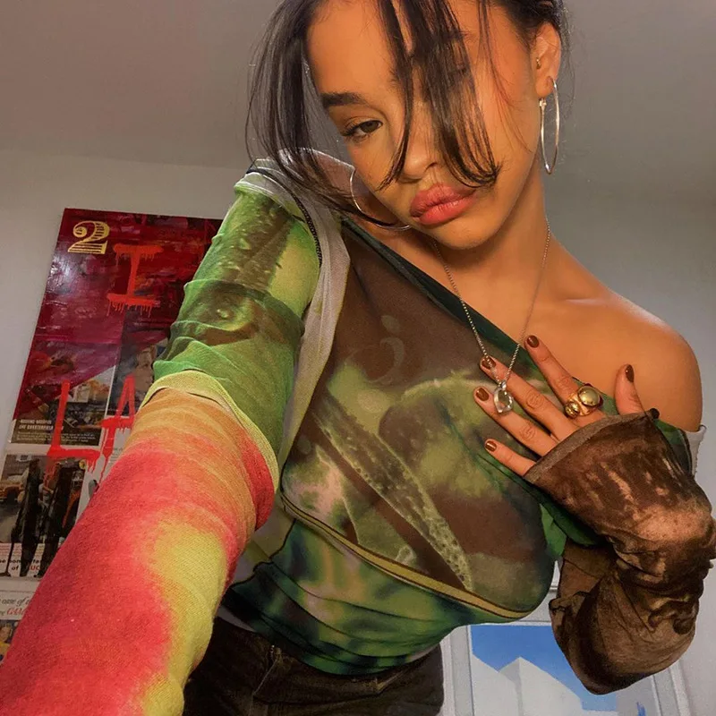 Mesh Crop Top Women Off Shoulder Long Sleeve T-shirt Skinny Fashion Print Y2k Streetwear Autumn