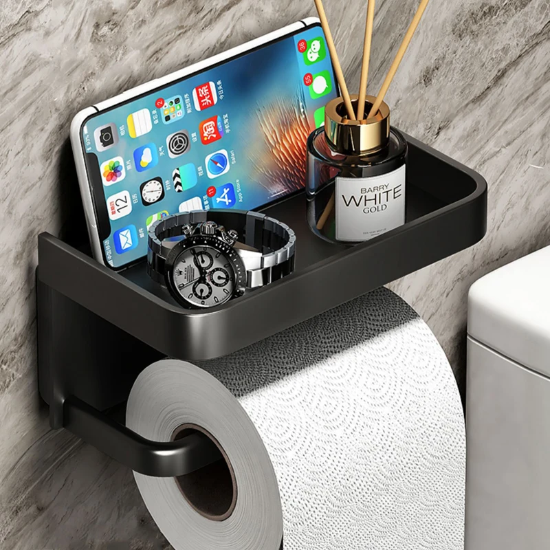 Toilet Paper Holder Wall-Mounted Paper Roll Holder Storage Tray Toilet Organizer Phone Stand
