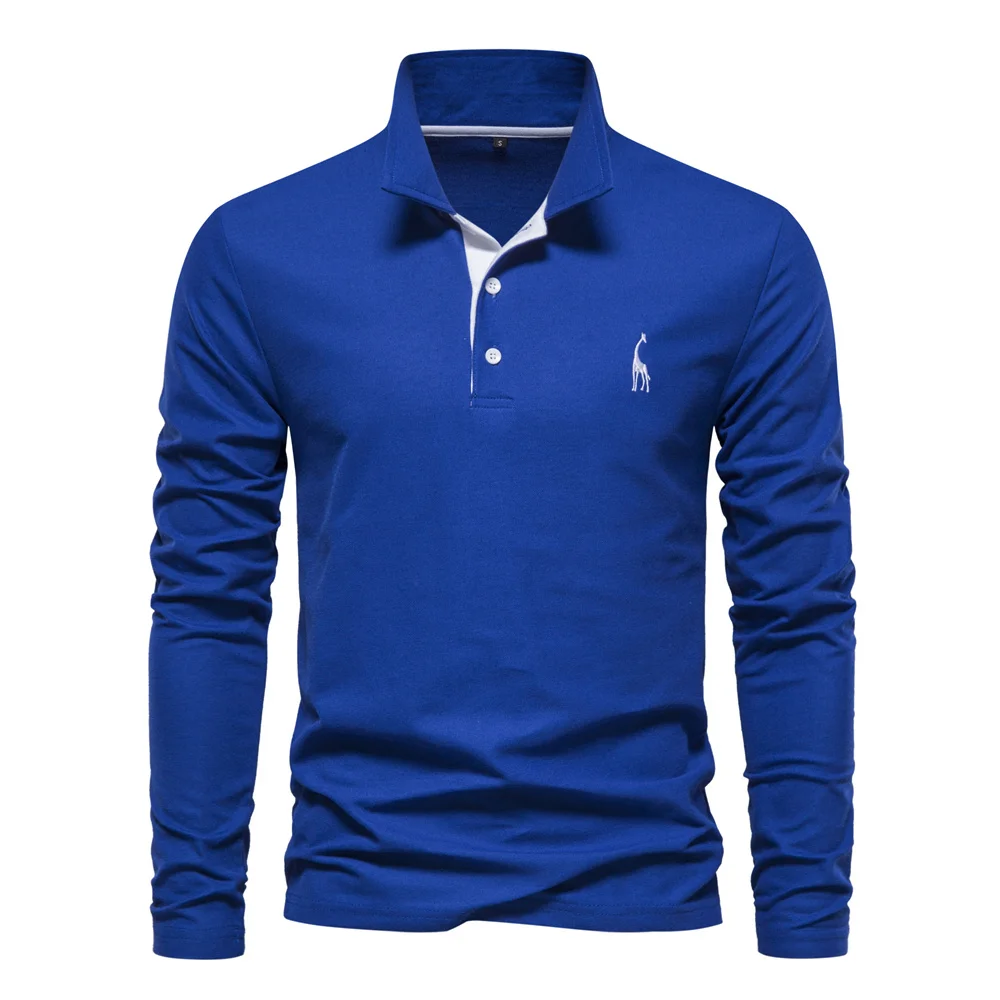 AIOPESON Deer Embroidery Men's Polo Shirts Solid Color Long Sleeve Polo Shirts for Men New Spring