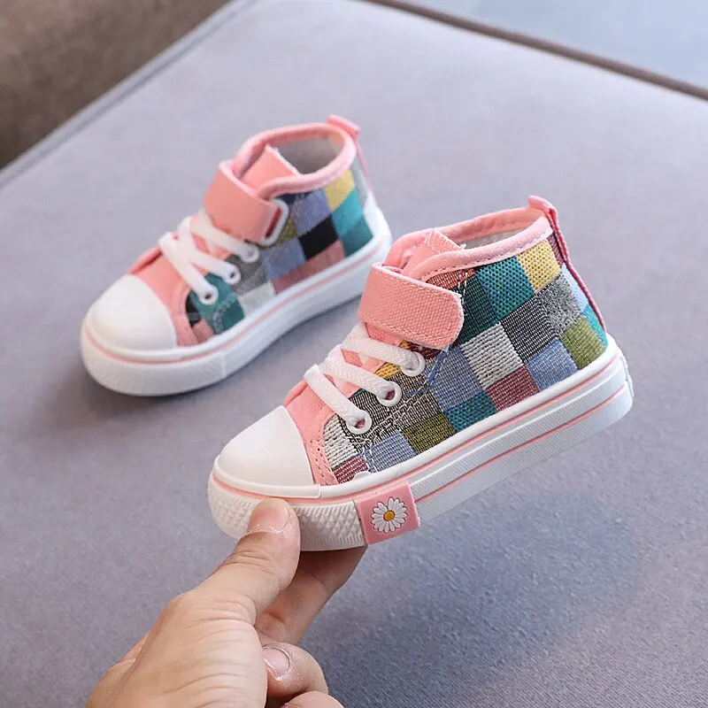 Children Sneakers Kids Casual Shoes Boys Girls Canvas Shoes High Top Checkered Lattice Fashion