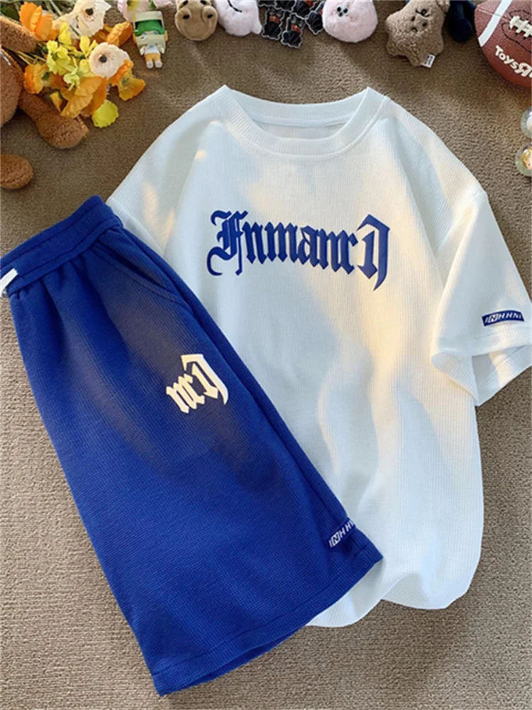 Oversized Loose Jogging Waffle Casual Suit Men Loose Korean Short-sleeve tshirt + Sports Shorts