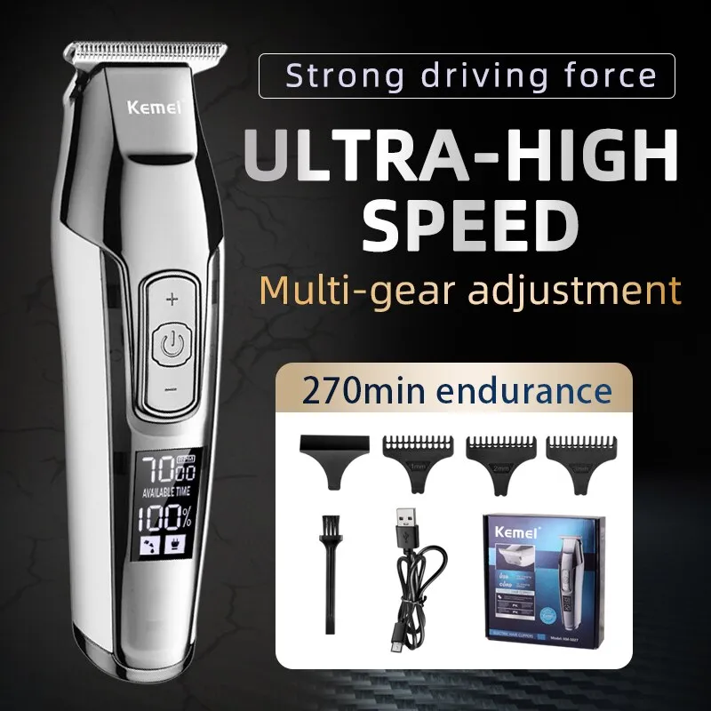 Kemei-5027 Professional Hair Clipper Beard Trimmer for Men Adjustable Speed LED Digital Carving