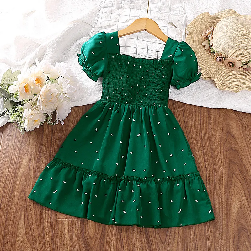 Dress Kids Girls Dark Green Cute Princess Dress 2-6 Years Short Sleeve Dress Square Collar Puff
