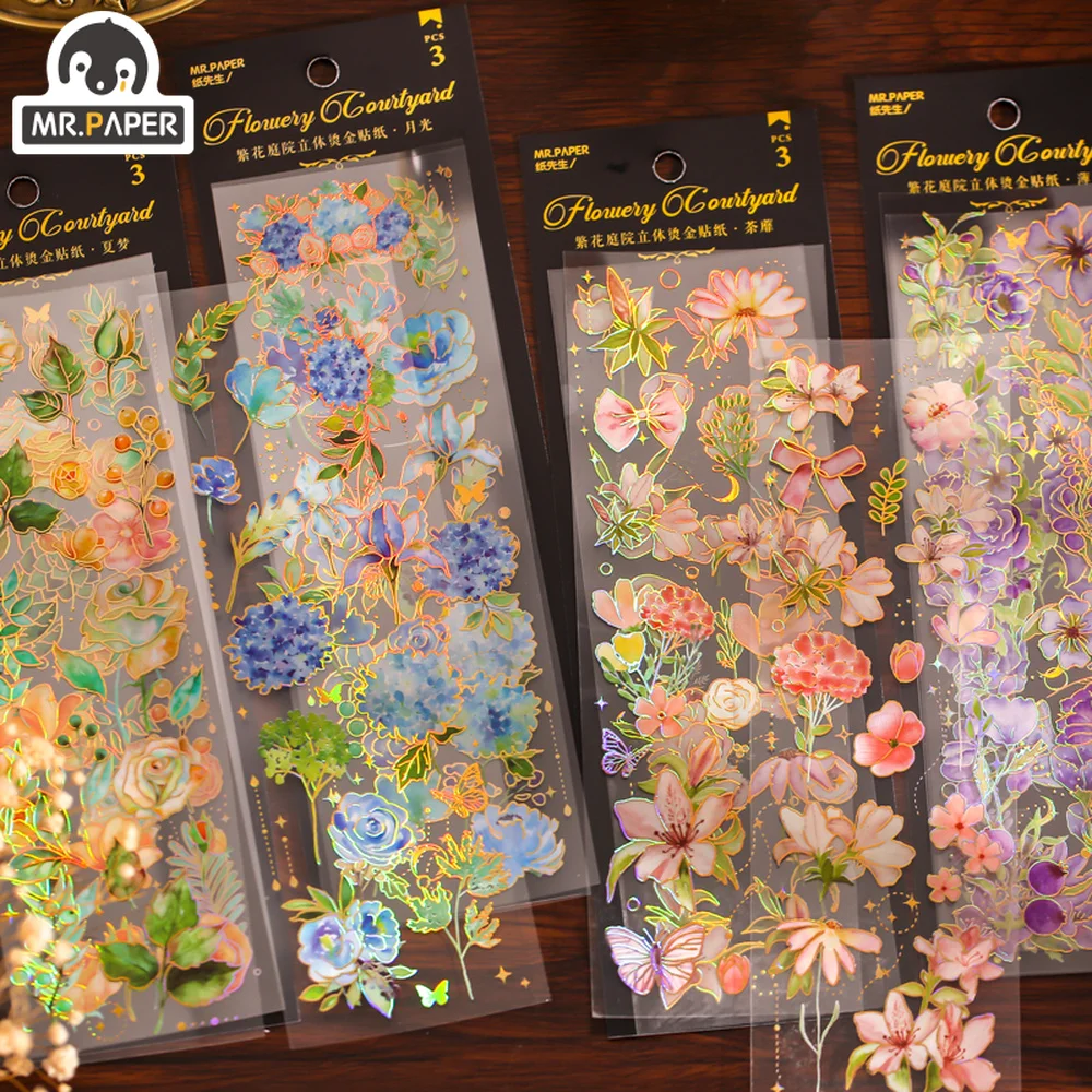 Mr.paper 4 Styles 3pcs/bag Vintage Plants Bronzing Sticker Literary Aesthetic Flower Hand Account