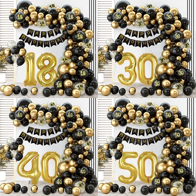 Black Gold Balloon Garland Arch Kit Confetti Latex Balloon Happy 18 30 40 50 Year Old Birthday Party