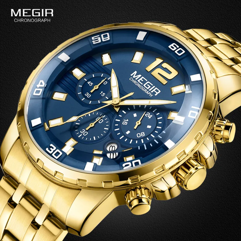 Megir Men's Gold Stainless Steel Quartz Watches Business Chronograph Analgue Wristwatch for Man