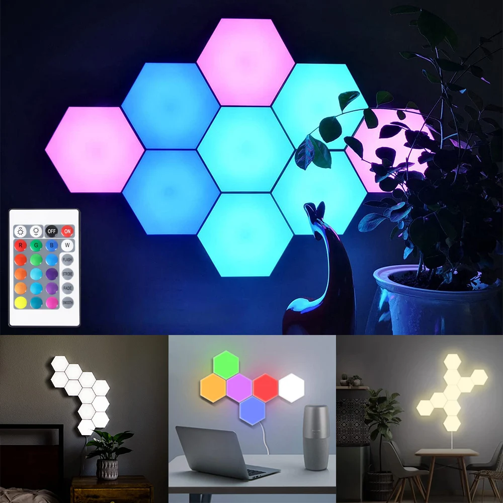RGB LED Hexagon Wall Lights DIY Geometric Modular Lamp Panels Touch/Remote Control Night Light