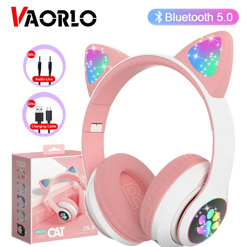 Flash Lamp Cute Cat Ears Headphone Bluetooth5.0 Stereo With Mic Support TF Card Wireless Kids Girl