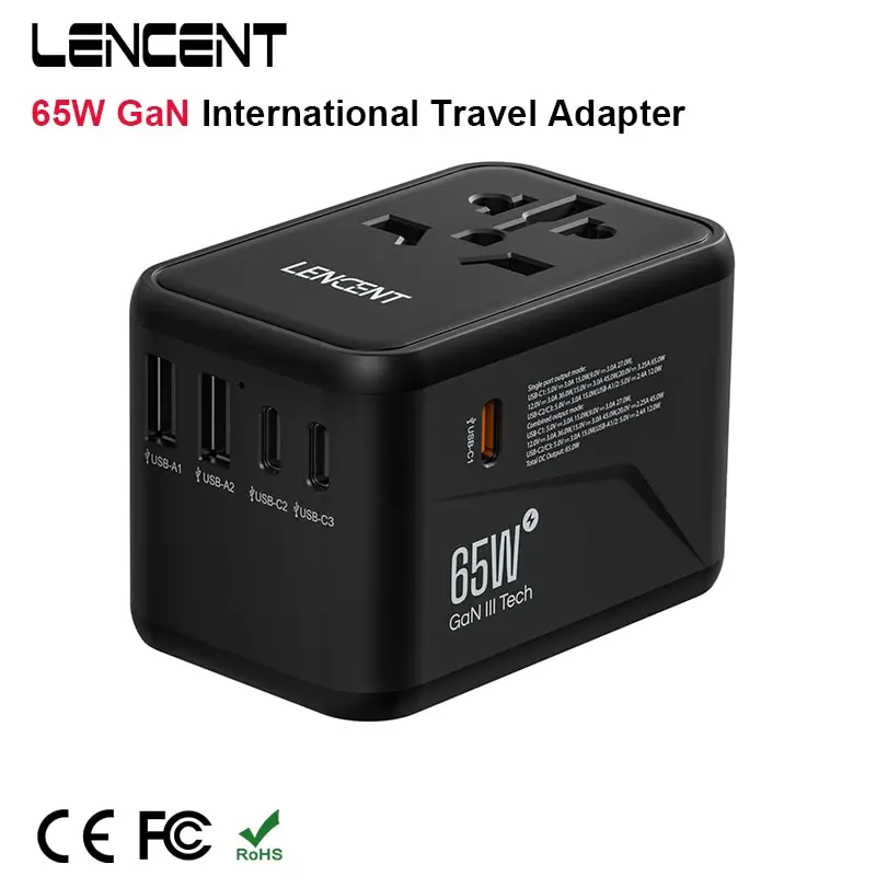 LENCENT 65W/100W GaN International Travel Adapter with 2USB 3 Type C GaN Fast Charging Adapter with