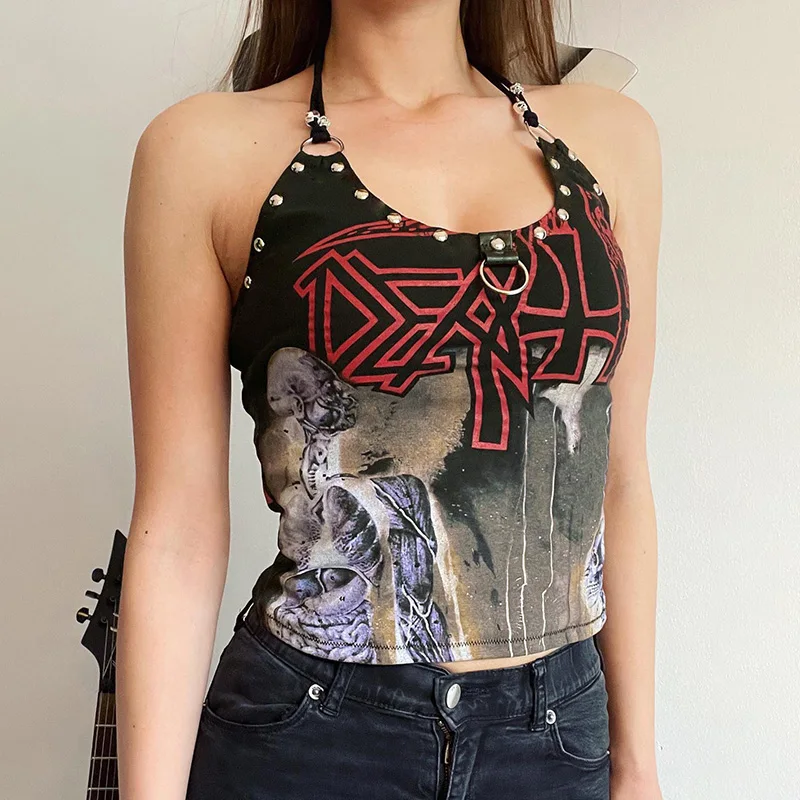 Goth Cross Print Lace Bodycon Crop Tops Camis Sexy Y2K Aesthetic Black Red Basic Corset Tank Top