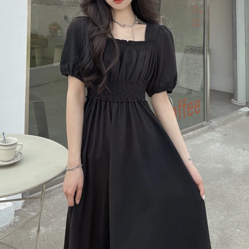 HOUZHOU Black Vintage Midi Dress Elegant Women Dresses Square Collar Puff Sleeve Oversized Loose