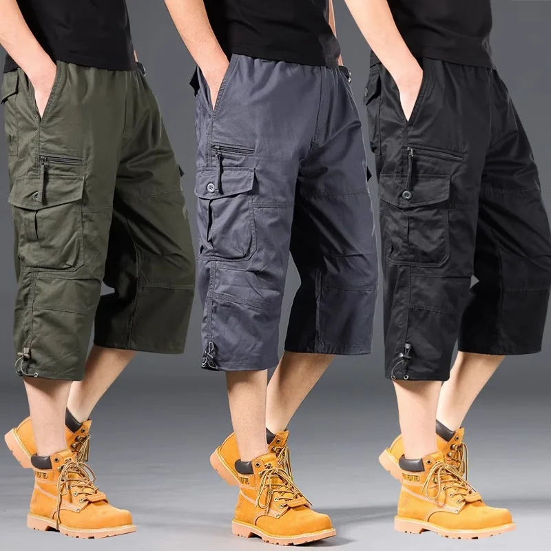 Summer Men's Cargo Shorts Loose Casual Below Knee Pants Elastic Waist Plus Size Outdoor Jogging