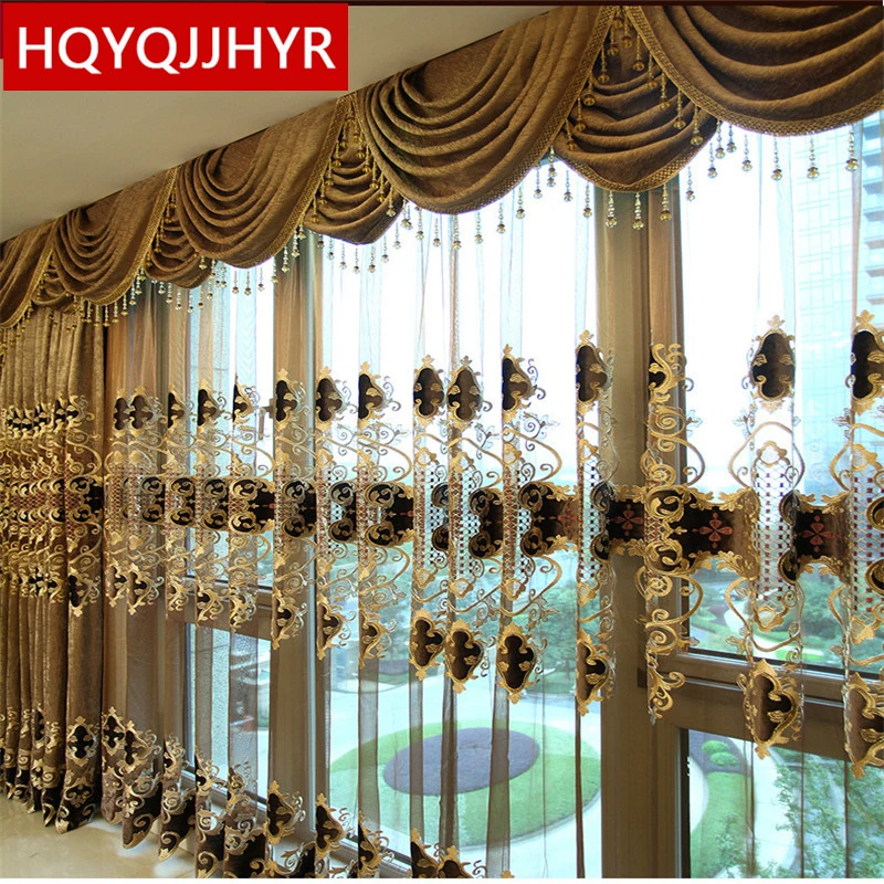 European luxury King Queen brown embroidered gold curtains for the living room with the sheer luxury