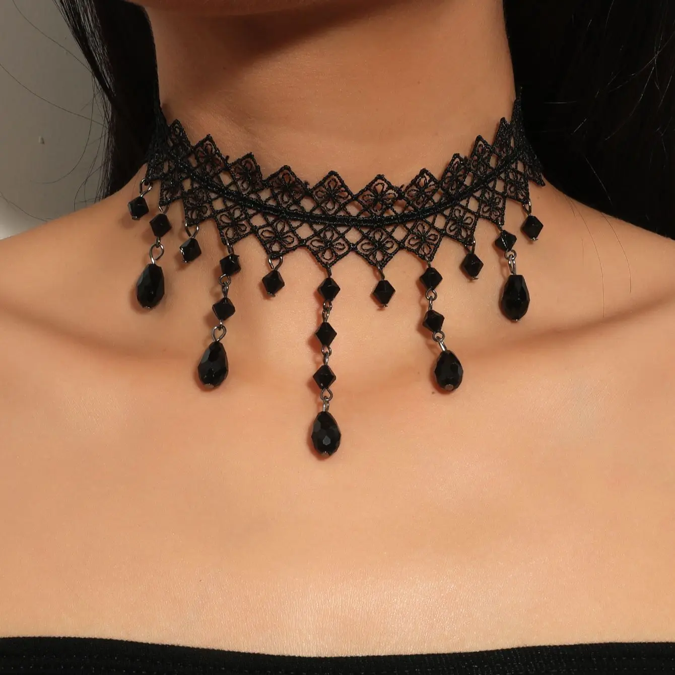 1 Px Ladies Gorgeous Black Lace Crystal Color Flower Necklace Beach Travel Holiday Fashion Classic