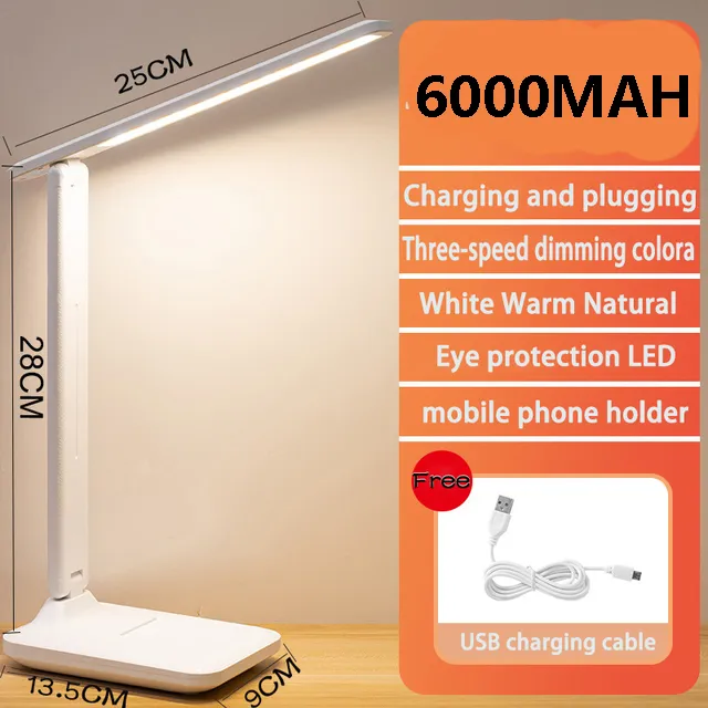 6000mAh Chargeable LED Table Lamp USB 3 Color Stepless Dimmable Desk Lamp Touch Foldable Eye