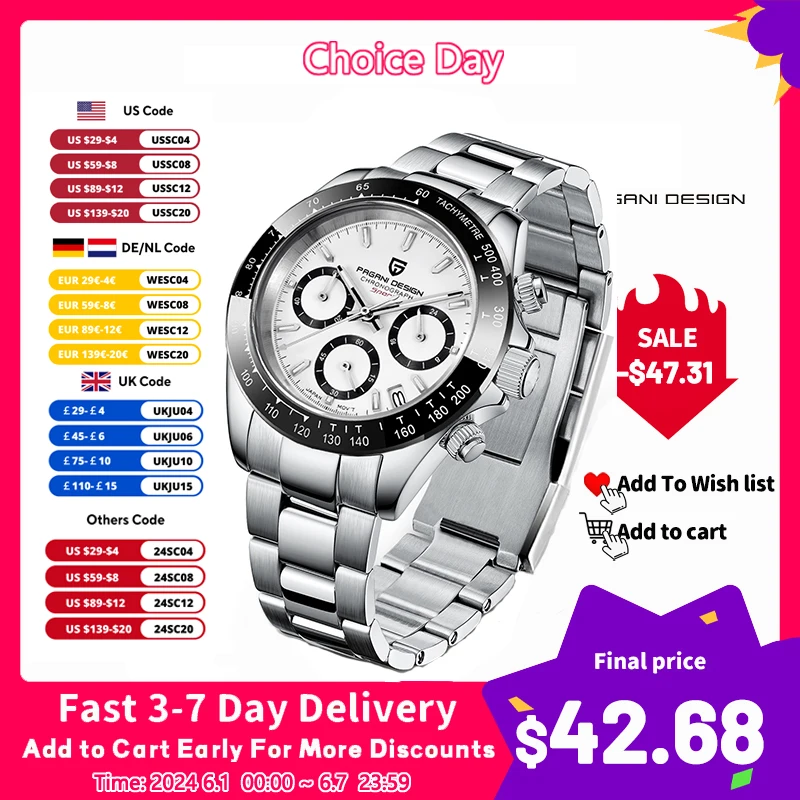 PAGANI DESIGN 2024 New Men Sports Quartz Watches Sapphire Stainless Steel Top Brand Luxury Watch