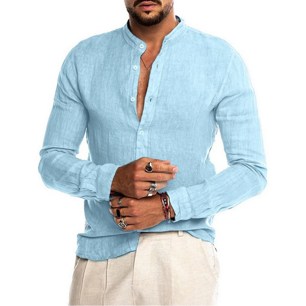 Cotton Linen Hot Sale Men's Long-Sleeved Shirts Summer Solid Color  Stand-Up Collar Casual Beach