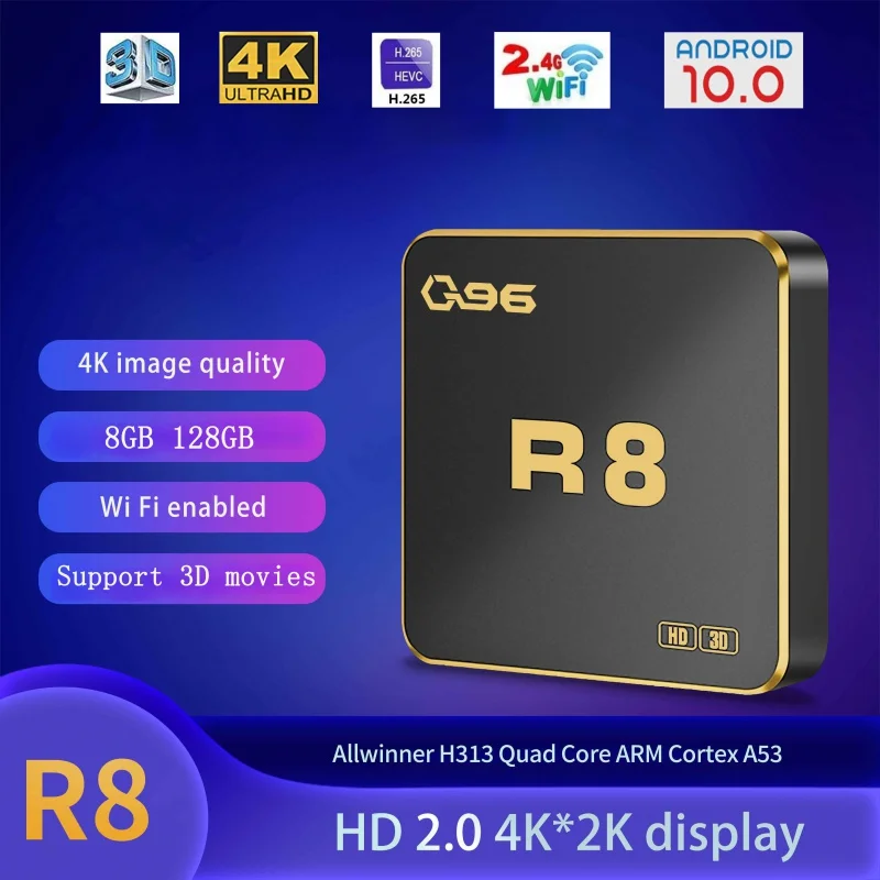 Q96 R8 Android 10 TV Box, Allwinner H313, Quad Core, 2.4G WiFi, UHD, HDR10, 4K Media Player, H.265,