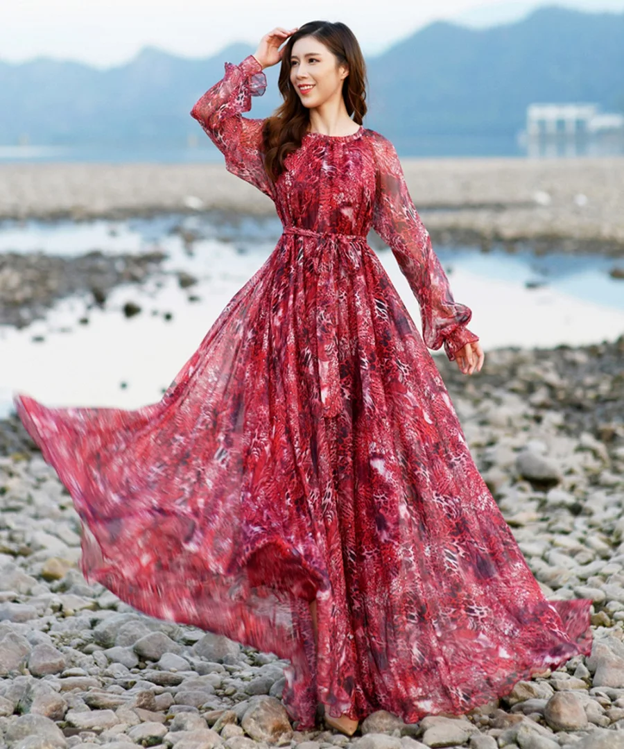 Chiffon Sundress Long Sleeve Bohemia Leopard print Floral Beach Long Dress Summer Casual Loose