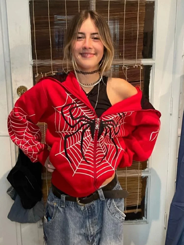 Y2k Emo Women Streetwear Hoodie Spider Web Red Zip Up Hoodies Grunge Oversized Sweatshirt Gothic