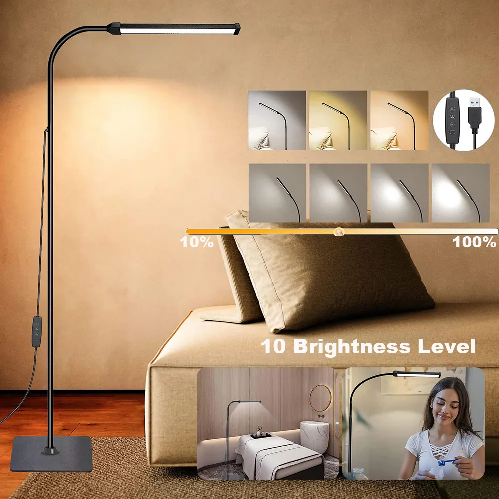 LED Floor Lamp For Living Room Adjustable Gooseneck Stand Light Dimmable Indoor Bedroom Standing