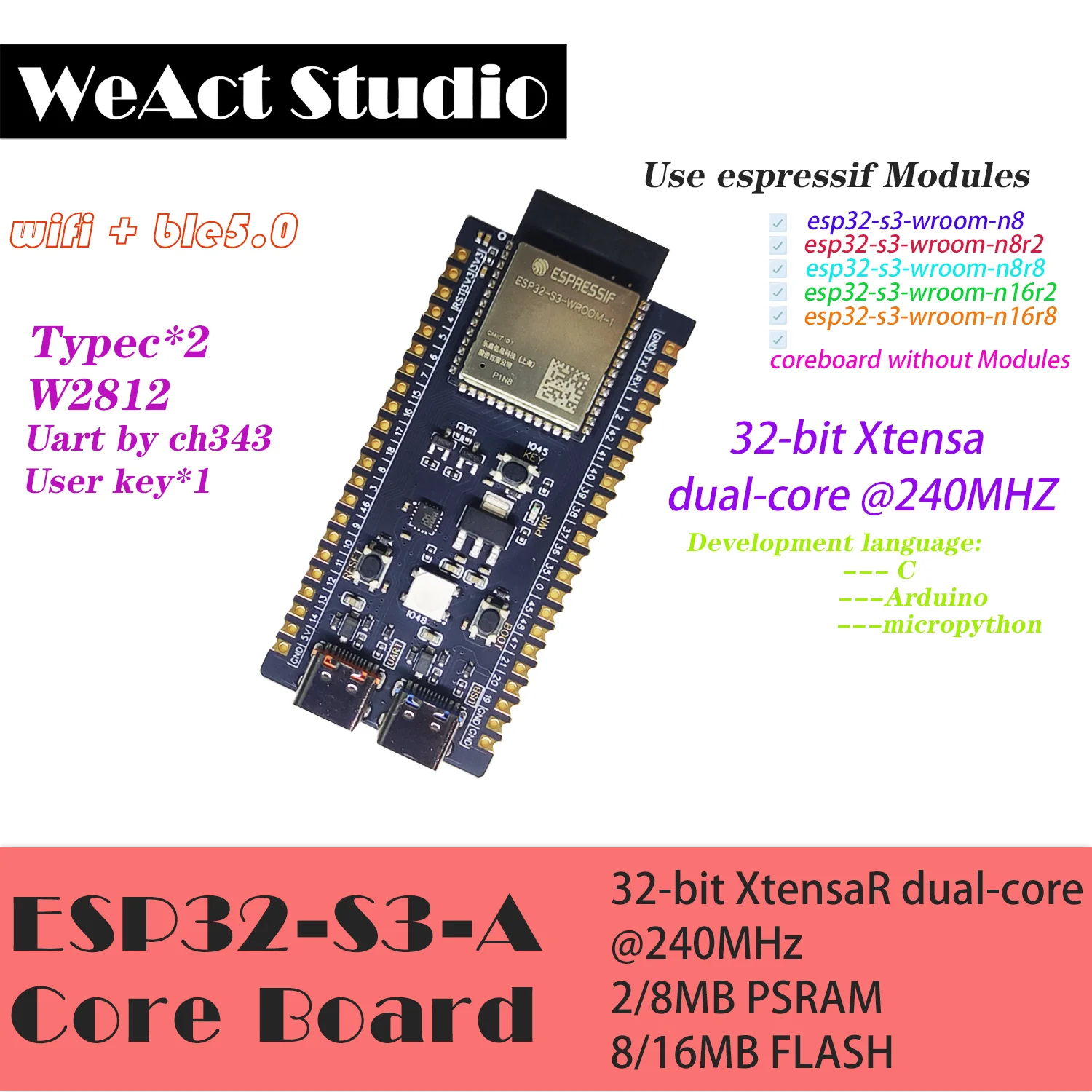 ESP32-S3-DevKitC-1  ESP32-S3  Wi-Fi  Compatível com Bluetooth  BLE 5.0  Mesh Development Board