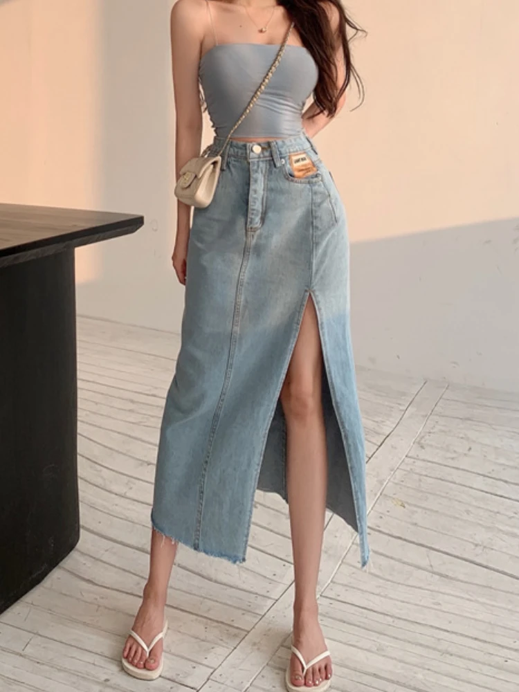 DEEPTOWN Long Denim Skirt Vintage Women Solid High Waist  A-LINE Slim Korean Style Jean Slit Midi