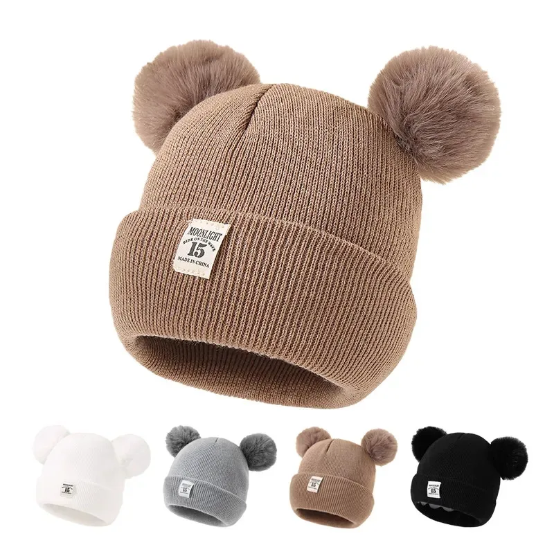 Autumn Winter Baby Warm Knitted Hats With Pom Kids Knit Beanie Hat Solid Color Children Hat For Boys