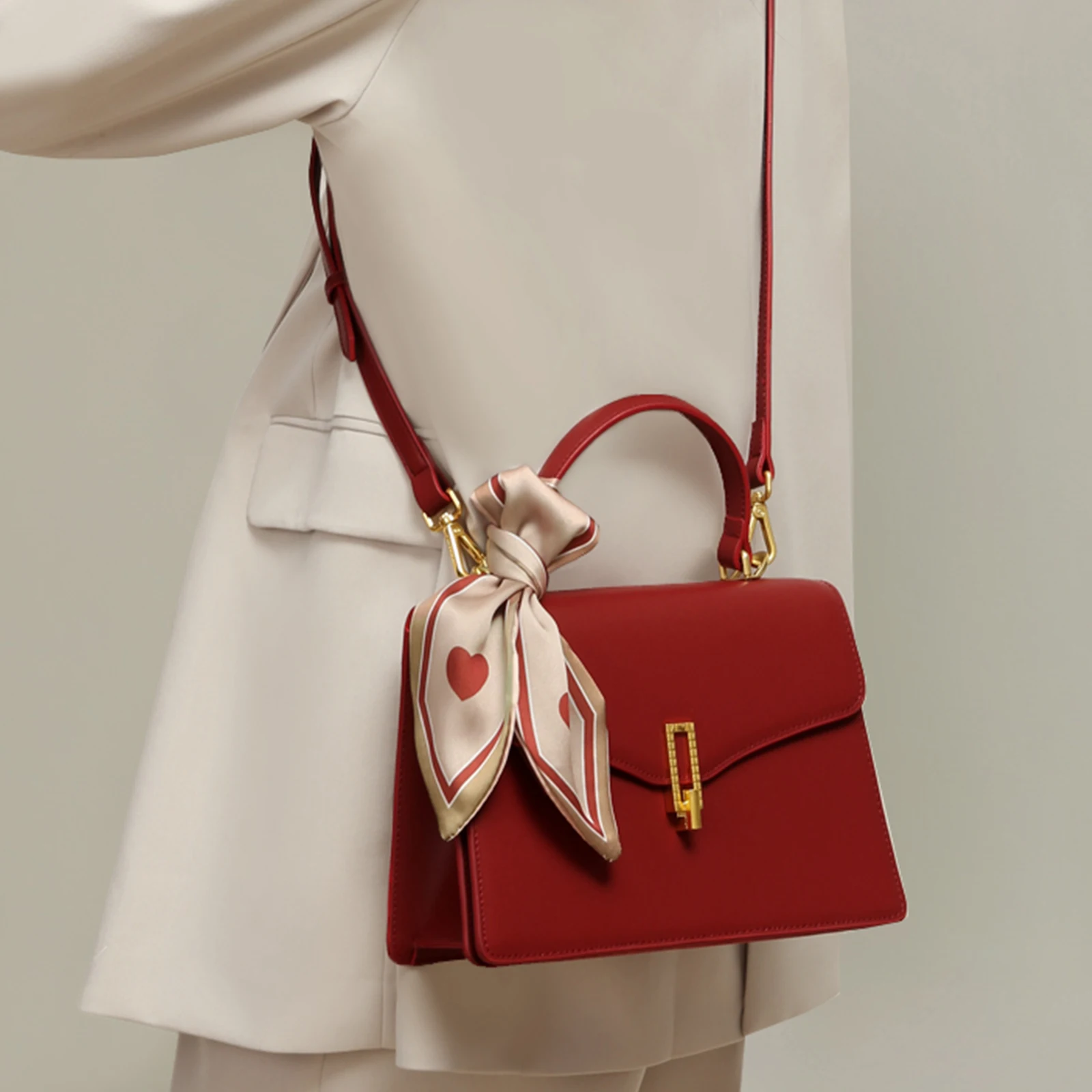 TOUTOU Genuine Split Leather Crossbody Bag - Square Handbag For Women - Small Scarf Decor Satchel