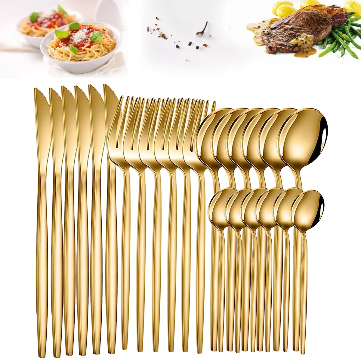 24pcs Gold Dinnerware Set Stainless Steel Tableware Set Knife Fork Spoon Flatware Set Cutlery Set