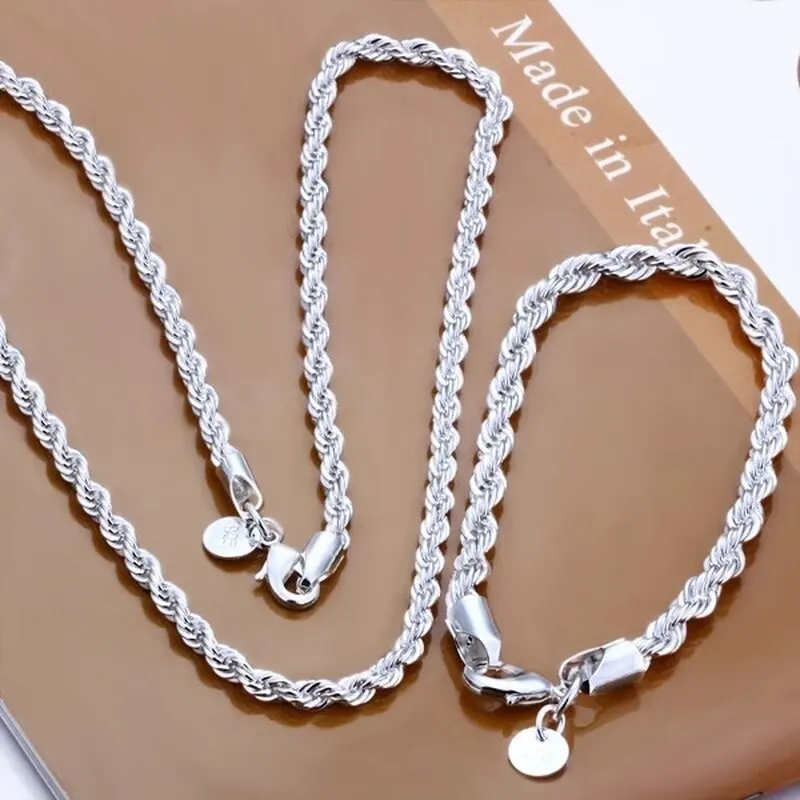 Silver Color 4mm Chain Male Twisted Rope Necklace Bracelets Fashion Women Men Silver High Quality