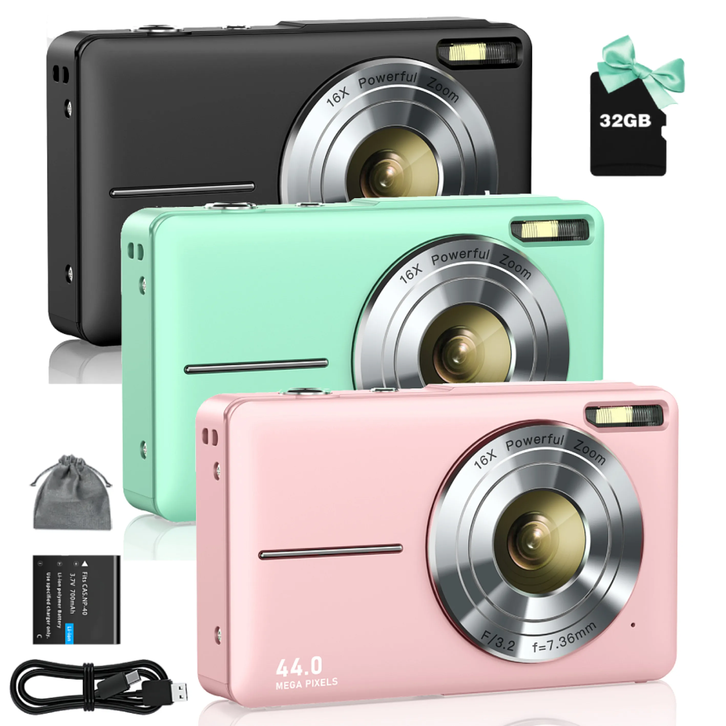 FHD 1080P Digital Camera for Kids Video Camera with 32GB SD Card 16X Digital Zoom Compact Point and