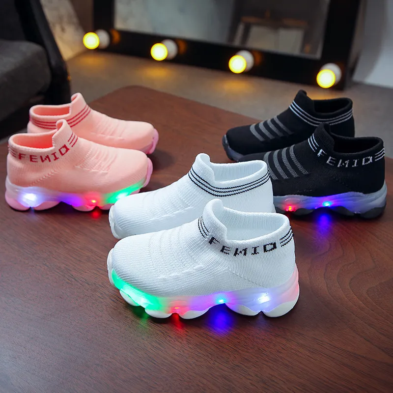 Kids Sneakers Children Baby Girls Boys Letter Mesh Led Luminous Socks Sport Run Sneakers Shoes