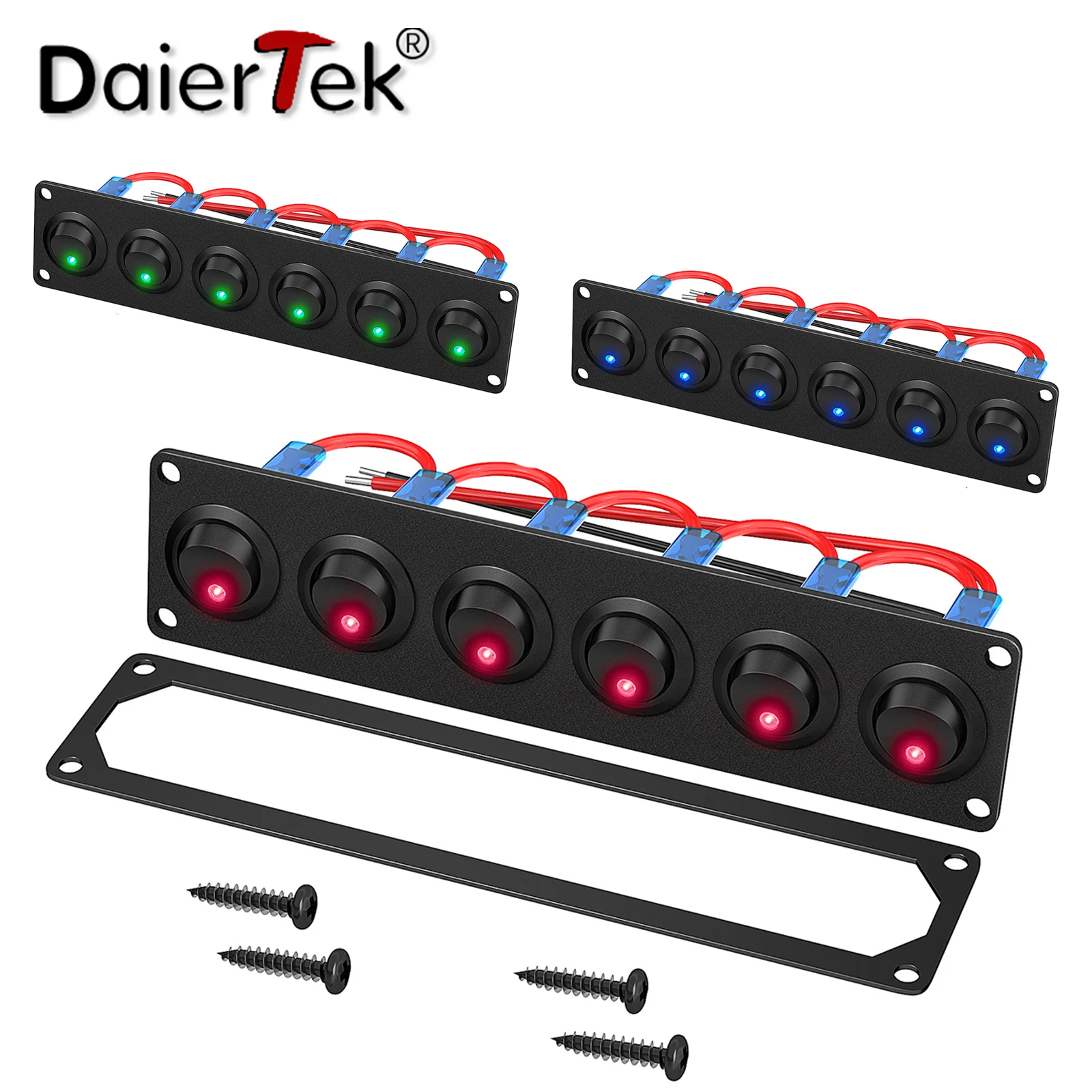 DaierTek 6 Gang Switch Panel 12V Rocker LED Switch Panel 3 Pin 12 VDC 20A SPST On-Off Switch for