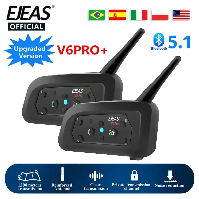 EJEAS V6 PRO+ Motorcycle Intercom Helmet Bluetooth Headset 6 Riders 800m Communicator Waterproof