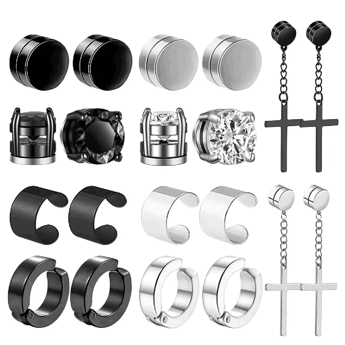 10 pairs of men's fashionable ear hole free magnet zircon stainless steel false earring set