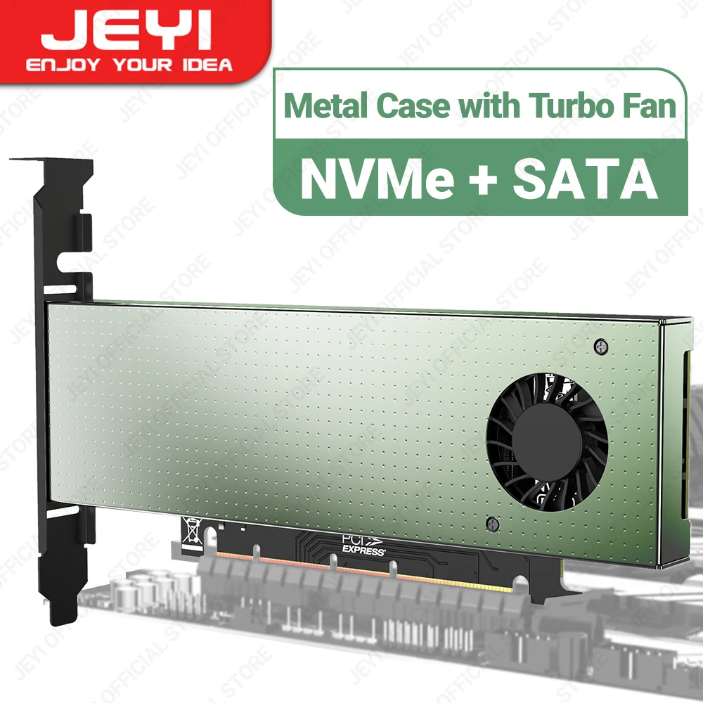 JEYI SK9 M.2 dubbele PCIE 4.0-adapter voor NVMe / NGFF SSD met turboventilator, NVME (m-sleutel) en SATA (b-sleutel) SSD naar PC