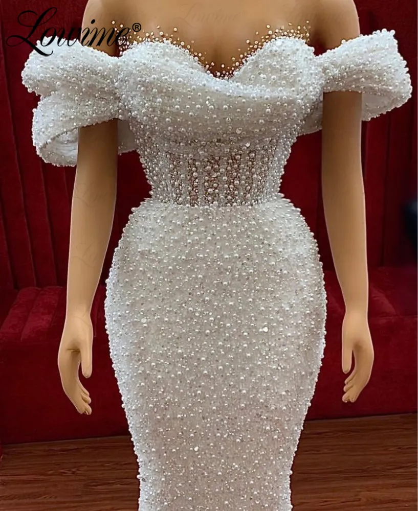 Full Pearls Mermaid Party Dresses Customized Arabic Short Sleeves Evening Gowns 2023 Elegant Ivory