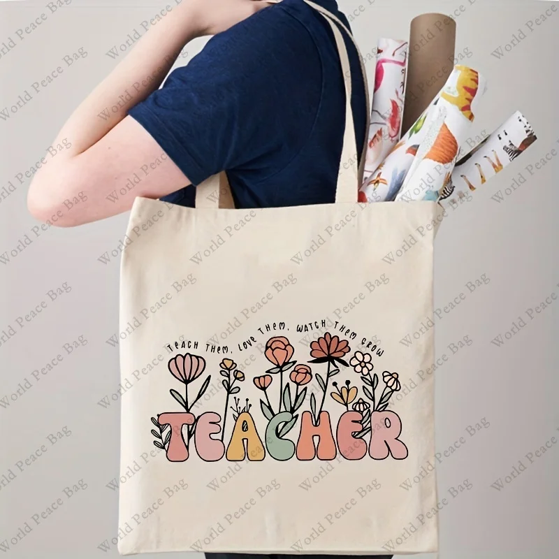 Teach Them, Love Them, Watch Them Grow Pattern Tote Bag, Floral Teacher Shoulder Bag Tote Bag, Gifts